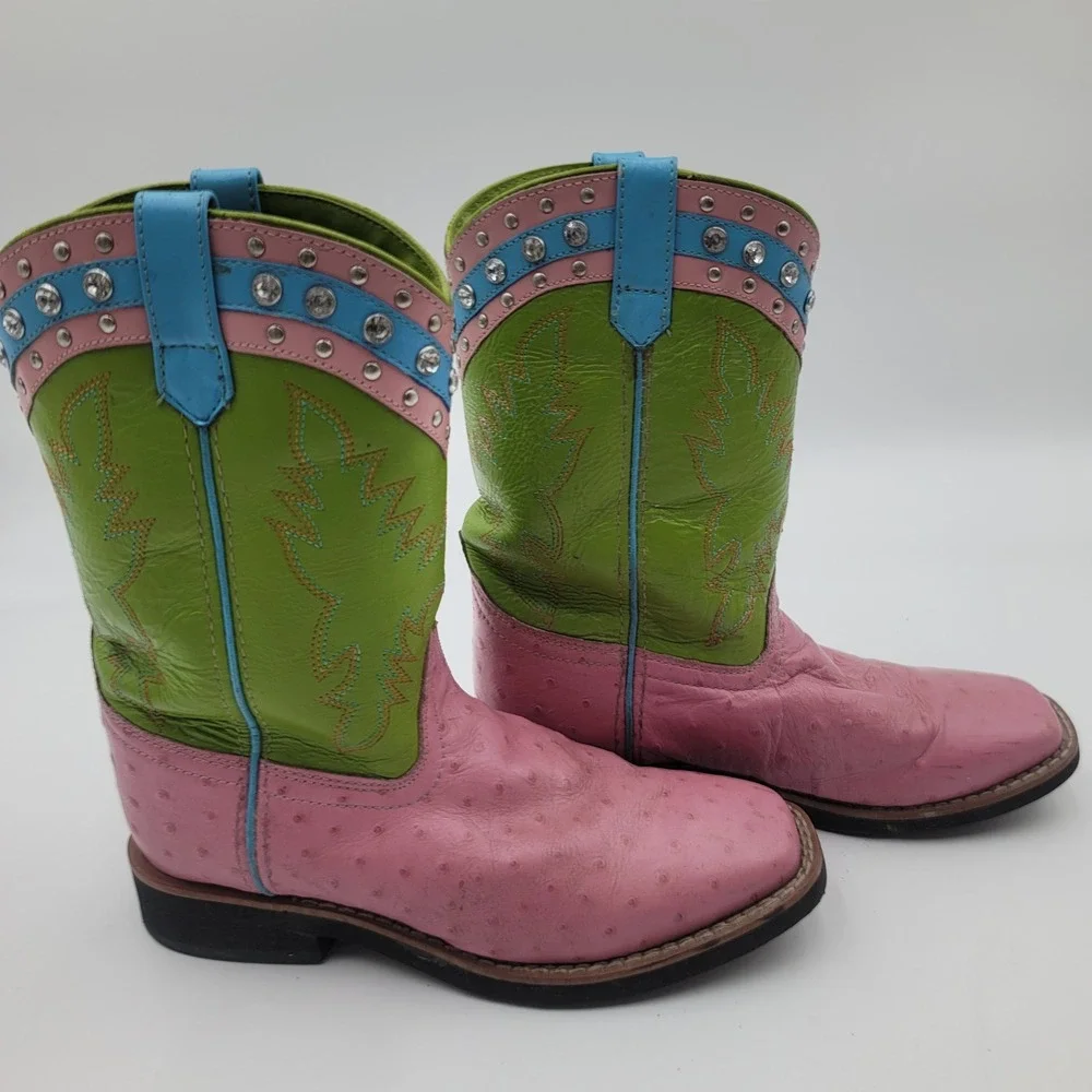 Smoky Mountain Boots Youth 4.5 D Pink Green Ostrich Print Western Boots 3281Y